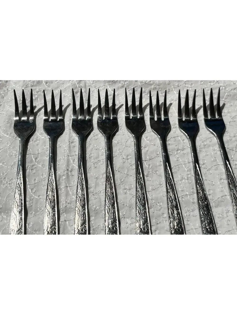 Set of 8 Stanley Roberts Glossy Etched Rose Floral Silver Forks Made in Japan